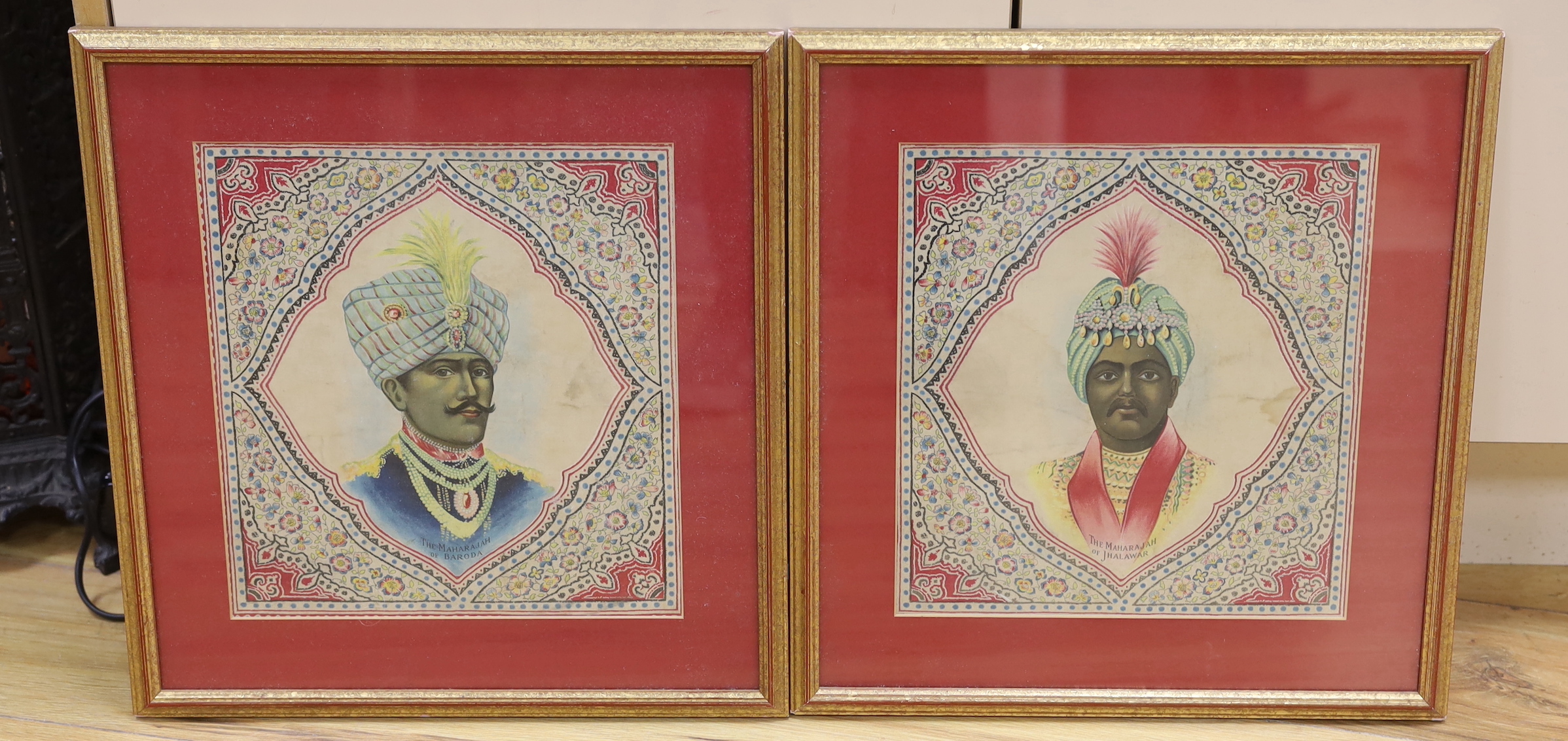 English School c.1900, pair of printed silk panels, 'The Maharaja of Baroda' and 'The Maharaja of Jhalawar', 28.5 x 26.5cm